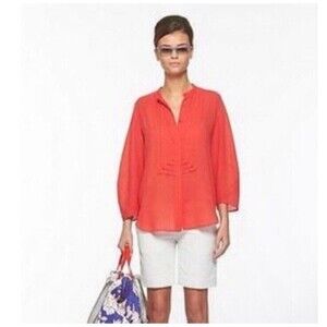 Diane Von Furstenberg Hatti Pintuck Coral gauze Tunic semi sheer tuxedo style 4